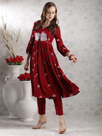 ANNI DESIGNER Women s Anarkali Printed Rayon Blend Kurta with Pants, Burgundy, Medium