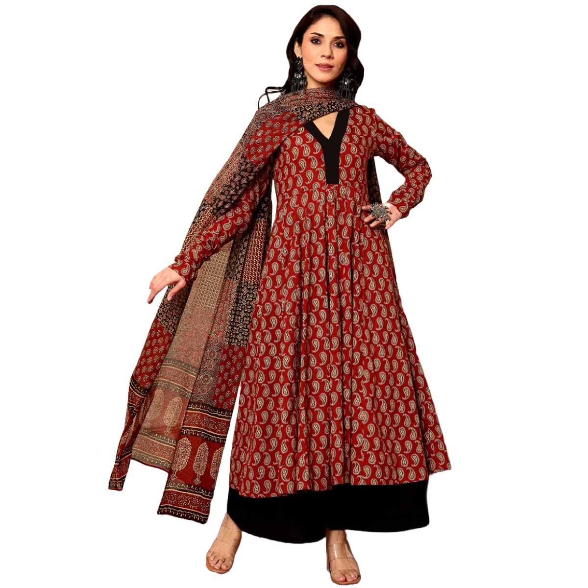 ANNI DESIGNER Womens Rayon Viscose Anarkali Printed Kurta with Palazzo & Dupatta (JATHI RED_XL_Red_X-Large)