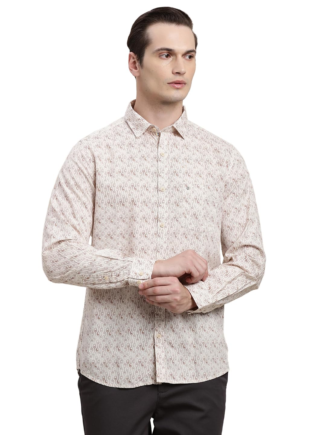 Turtle Men Cotton Tencel Slim Fit Beige Printed Full Sleeve Casual Shirt