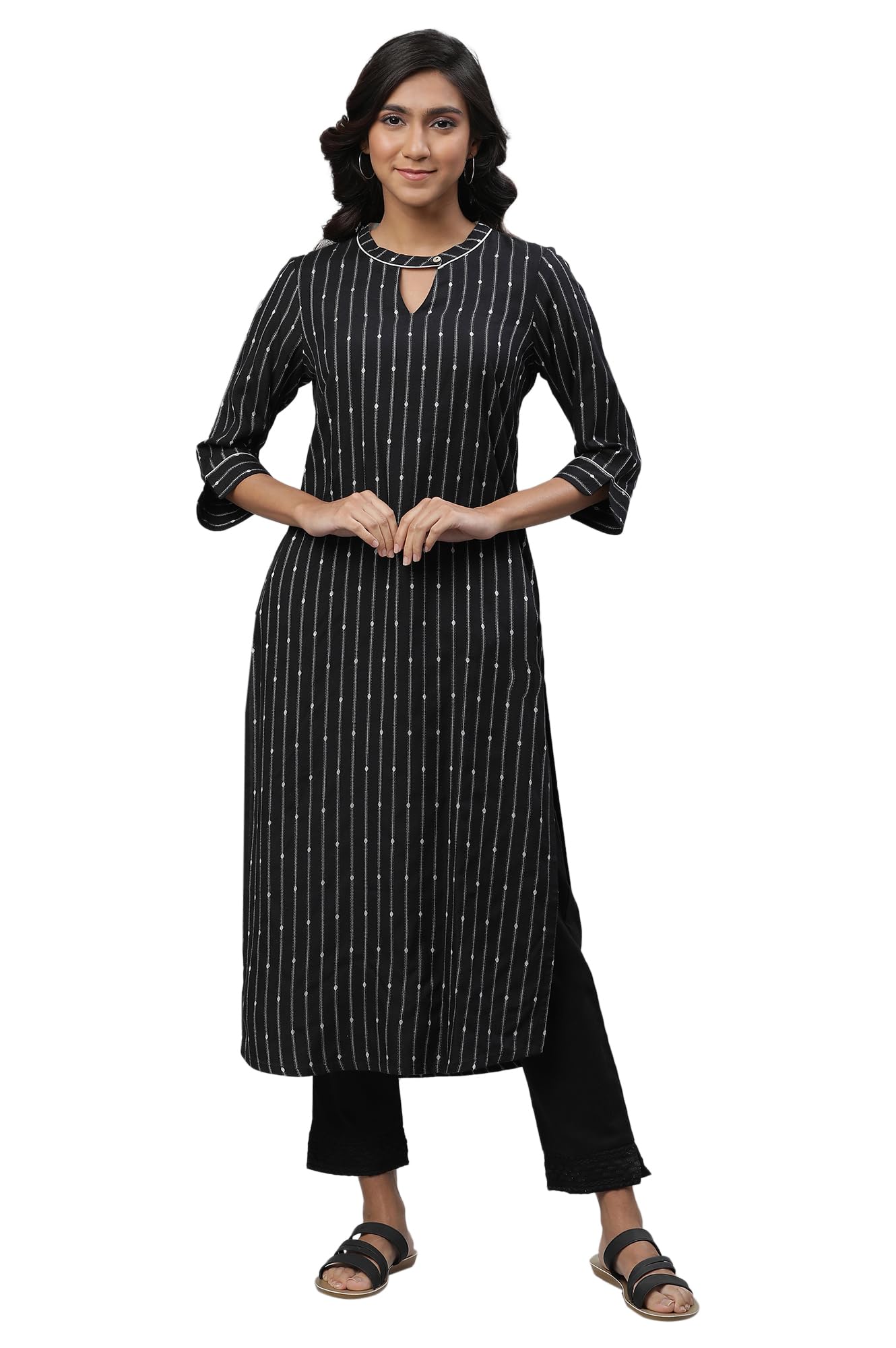 Aurelia Women'S Black Stripes Yarn Dyed Dobby Straight Kurta_23Aua14452-701933_Xl