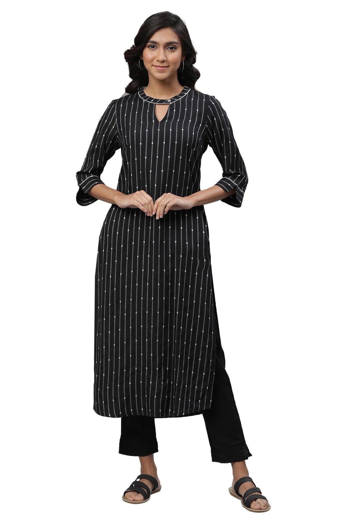Aurelia Womens Black Stripes Yarn Dyed Dobby Straight Kurta_23AUA14452-701933_S