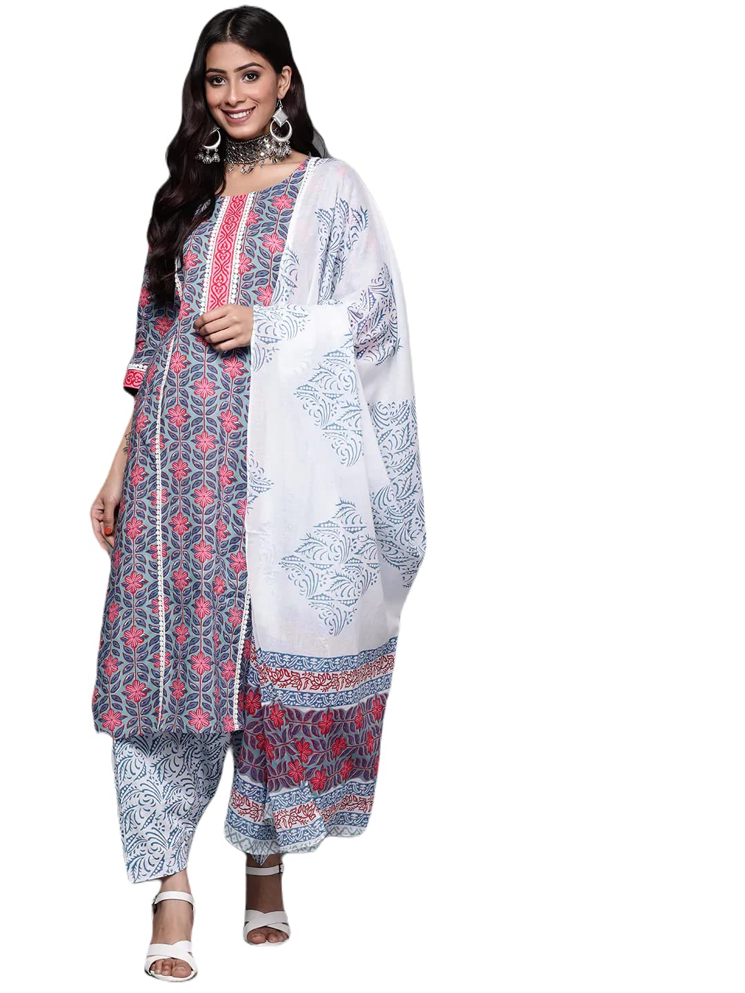 ANNI DESIGNER Womens Cotton Blend Straight Printed Kurta with Pant & Dupatta (Uvesh Grey_XXL_Grey_XX-Large)