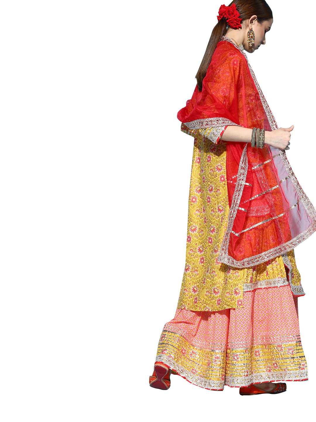 Ishin Women'S Yellow Gotta Patti Embroidered A-Line Kurta Set With Sharara And Dupatta