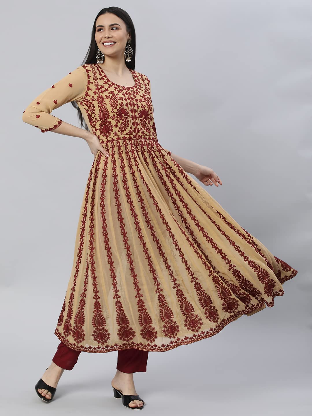 ANNI DESIGNER Womens Georgette Chikankari Embroidered Anarkali Kurti (Kari Beige-Nw1_M_Beige_Medium)