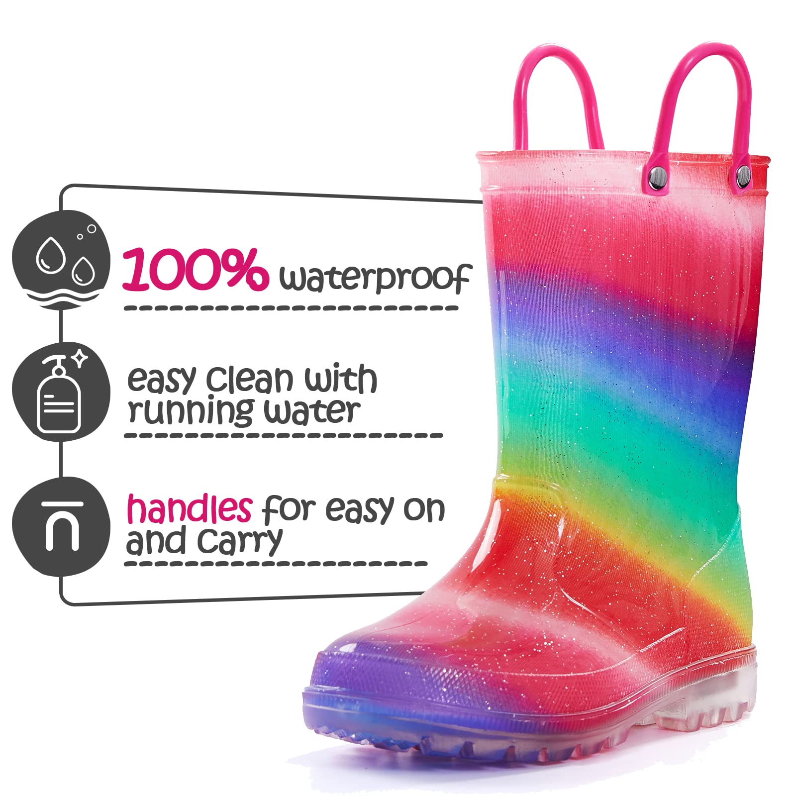 K KomForme Toddler Light Up Rain Boots Patterns and Glitter Rain Boots for Girls Boys with Handles,Shimmer Rainbow,11