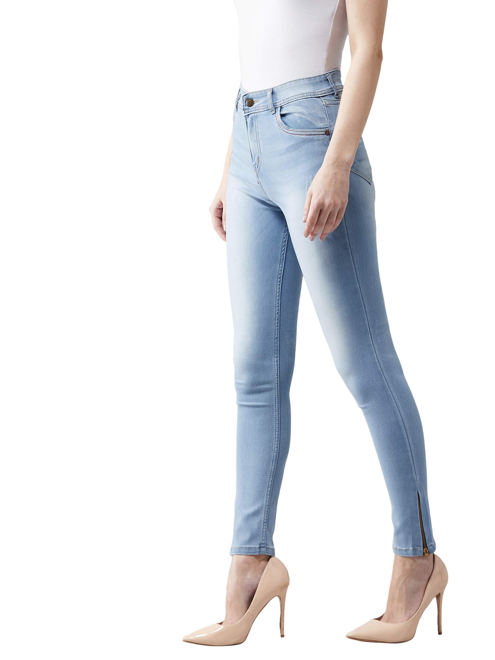 Dolce Crudo Womens Blue Skinny Fit High Rise Clean Look Regular Length Zipper Detailing Scraped Stretchable Denim Jeans(DOAW18D