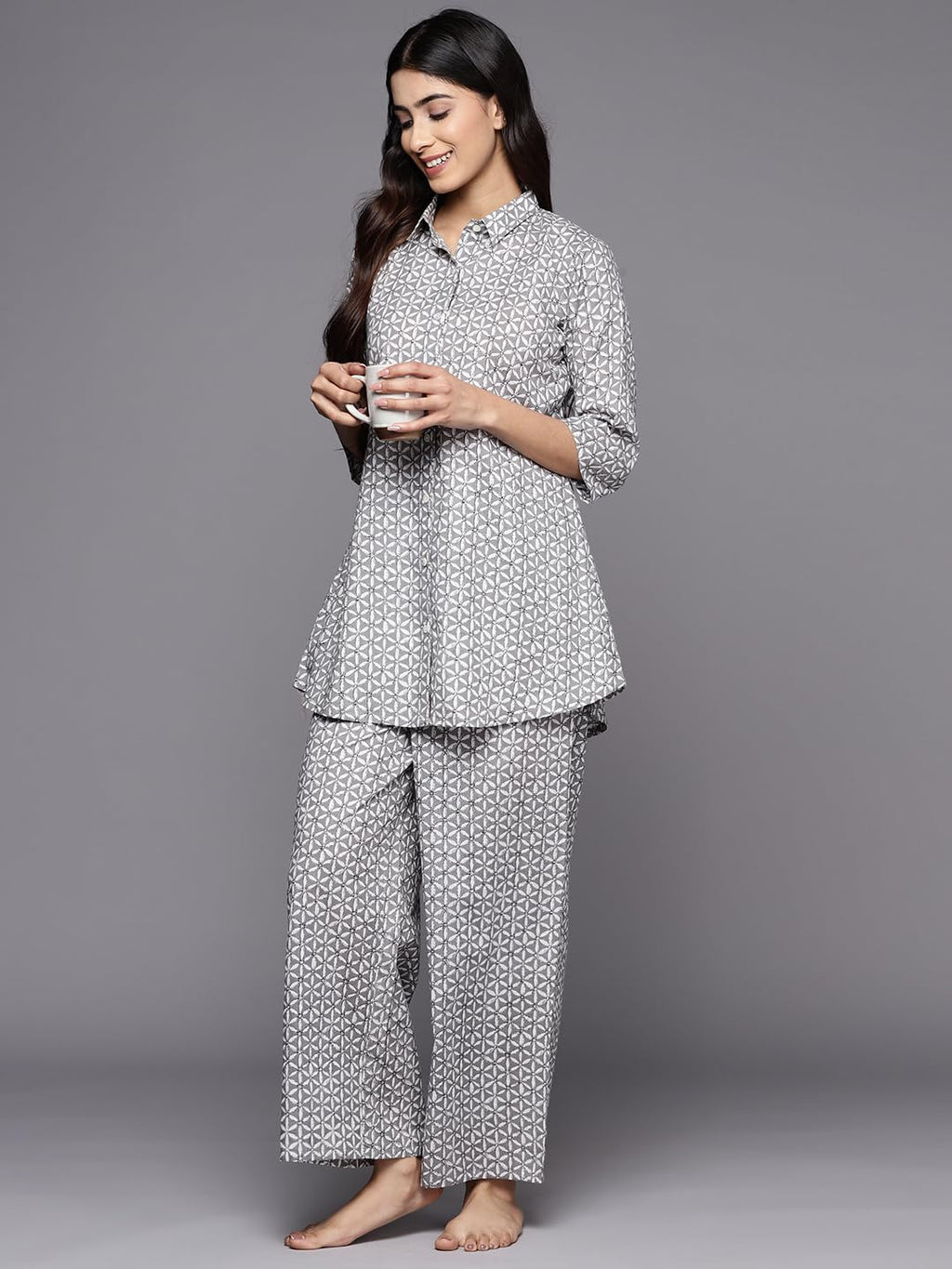 Libas Womens Printed Cotton Night Suit Set For Women Grey