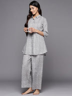 Libas Womens Printed Cotton Night Suit Set For Women Grey