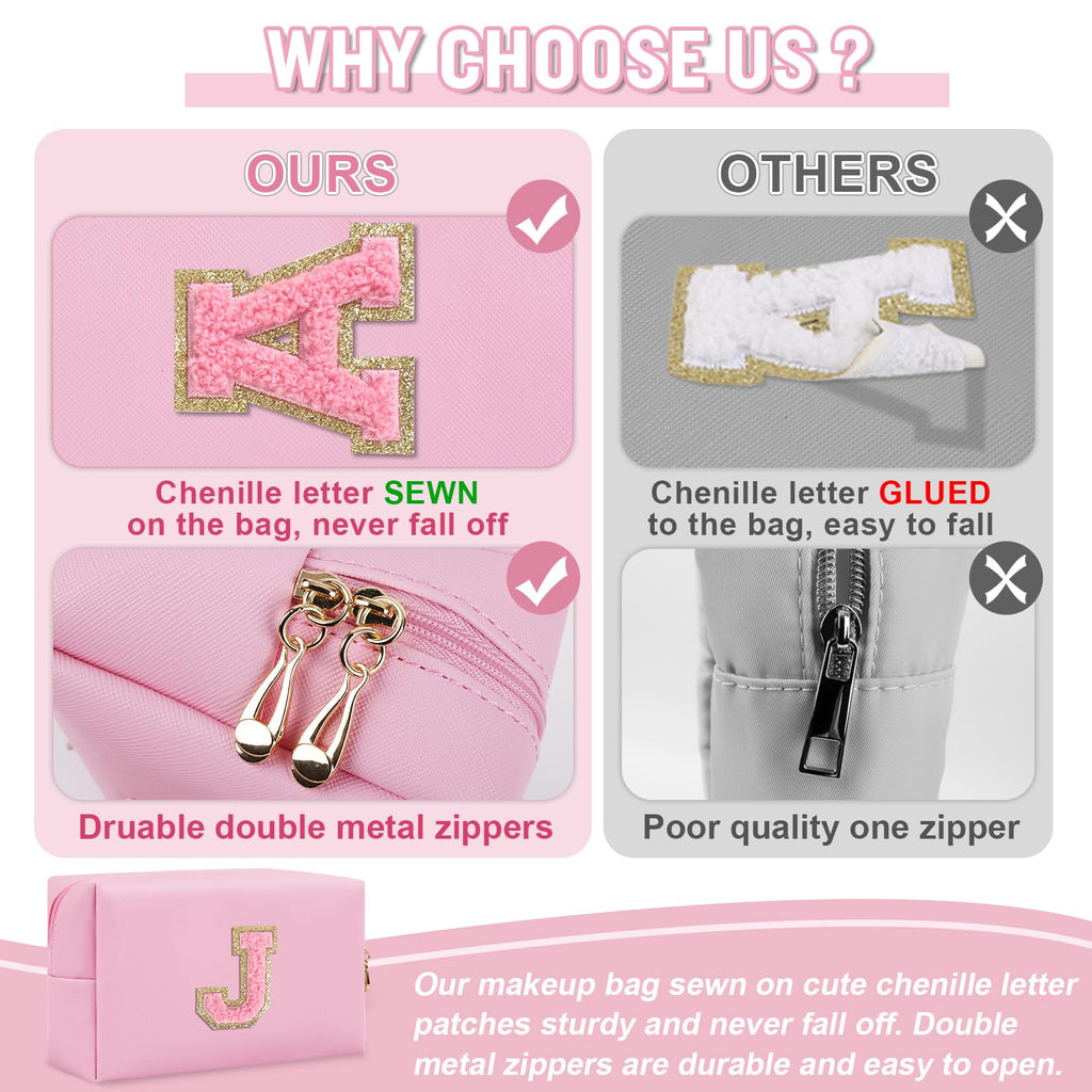Personalized Preppy Small Travel Makeup Bag, Initial Chenille Letter Pink Makeup Bag Cosmetic Pouch Toiletry Organizer, PU Leath
