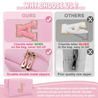 Personalized Preppy Small Travel Makeup Bag, Initial Chenille Letter Pink Makeup Bag Cosmetic Pouch Toiletry Organizer, PU Leath