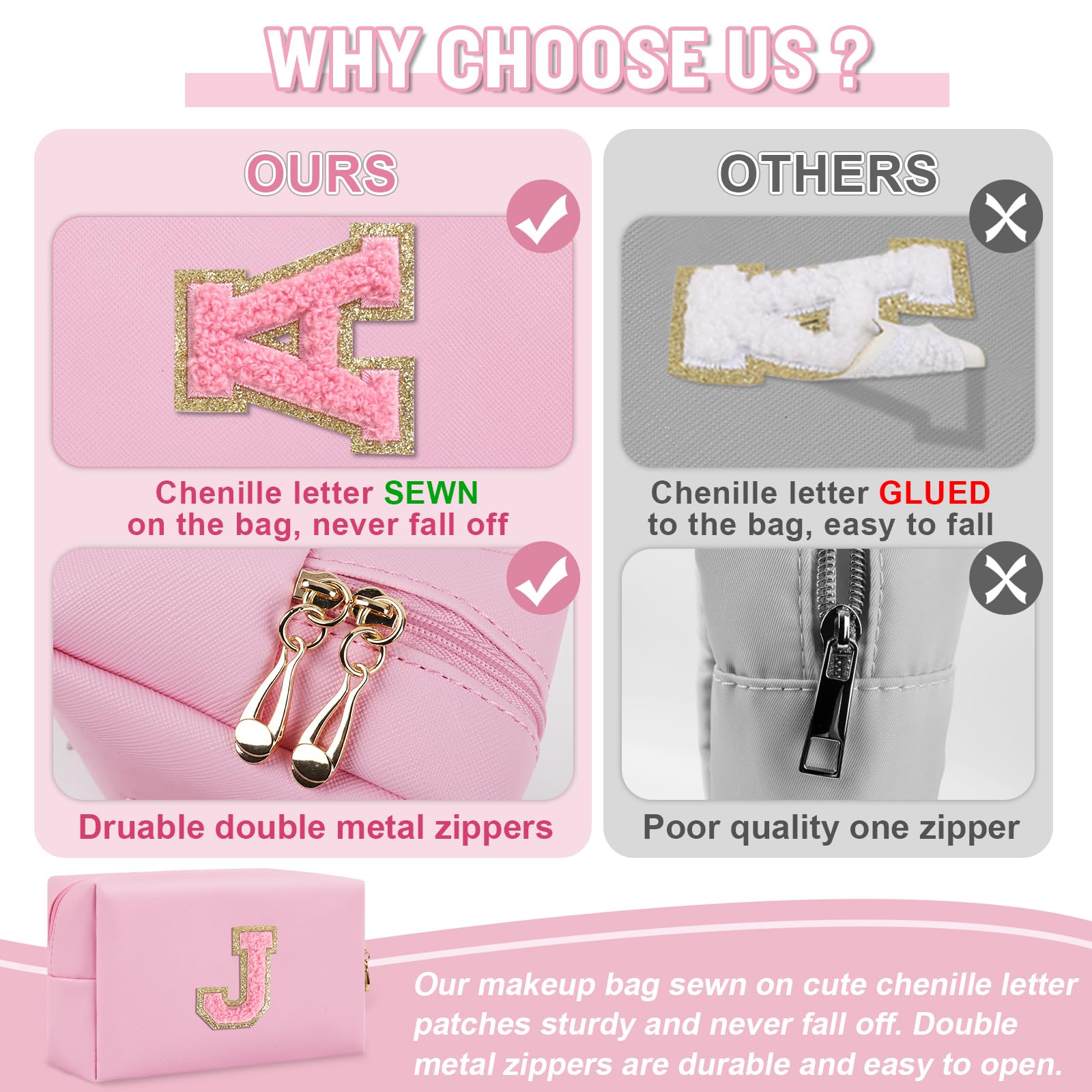 Personalized Preppy Small Travel Makeup Bag, Initial Chenille Letter Pink Makeup Bag Cosmetic Pouch Toiletry Organizer, PU Leath