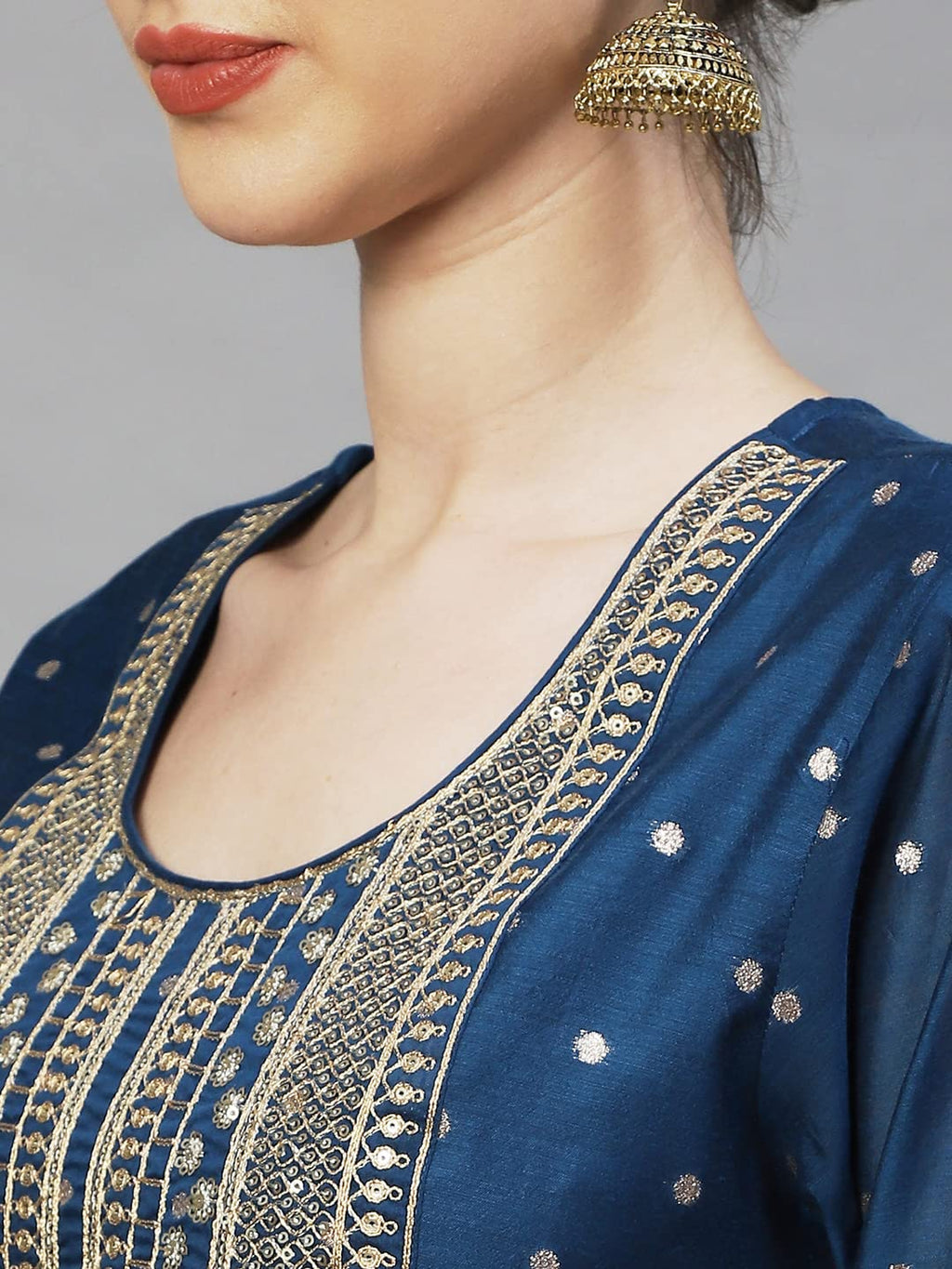 Ishin Womens Silk Blend A-Line Embroidered Sequinned Kurta Suit Set With Dupatta & Trouser