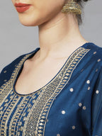 Ishin Womens Silk Blend A-Line Embroidered Sequinned Kurta Suit Set With Dupatta & Trouser