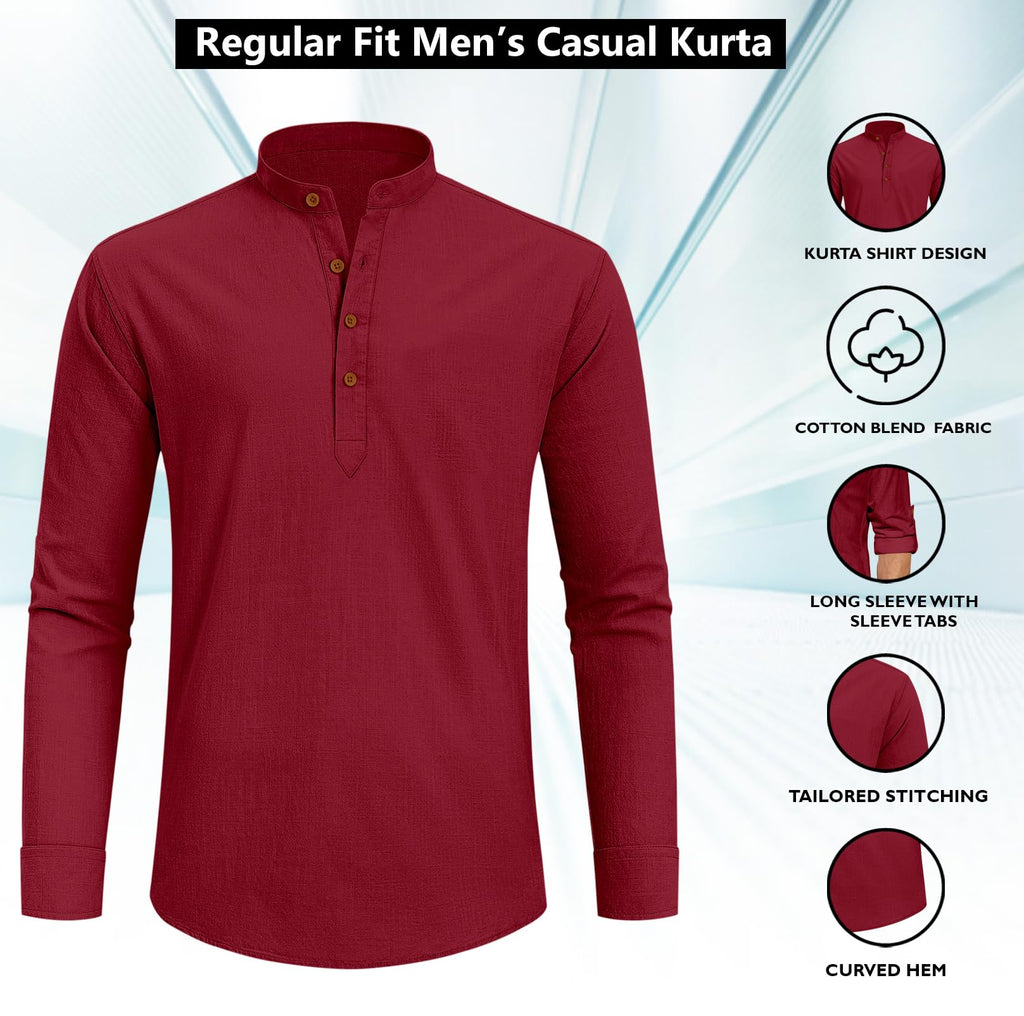 Zombom MenS Cotton Blend Solid Full Sleeve Short Kurta Shirt With Mandarin Collar Maroon