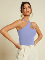 Sugathari Womens Sky Blue Criss Cross Front Ribbed Knit Korean Trendy Tank Western Tops for Women Stylish (T-Shirt 183 Sky Blue