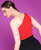 POPWINGS Women Casual Red Self Design Rib One Shoulder Sleeveless Crop Top
