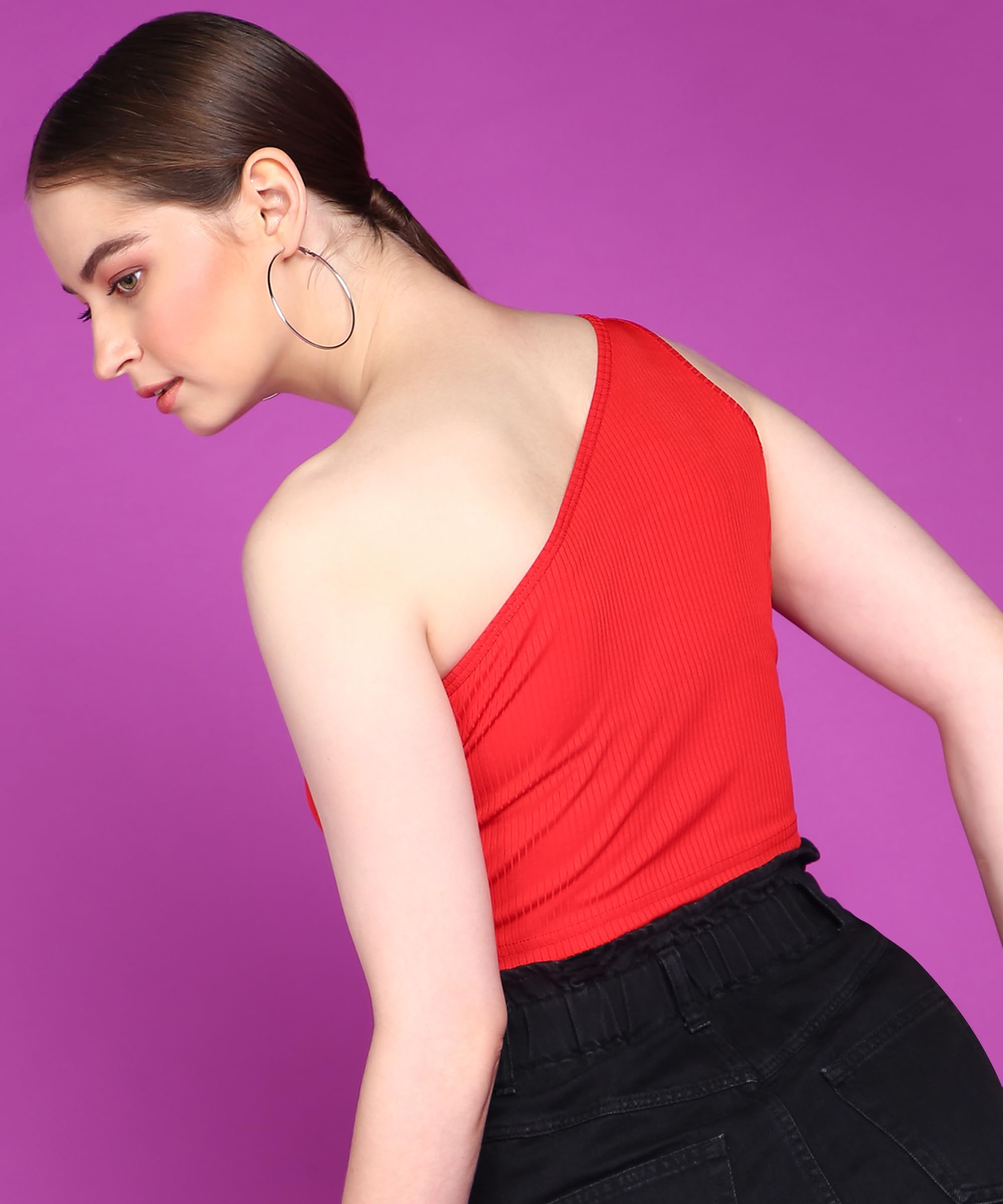 POPWINGS Women Casual Red Self Design Rib One Shoulder Sleeveless Crop Top
