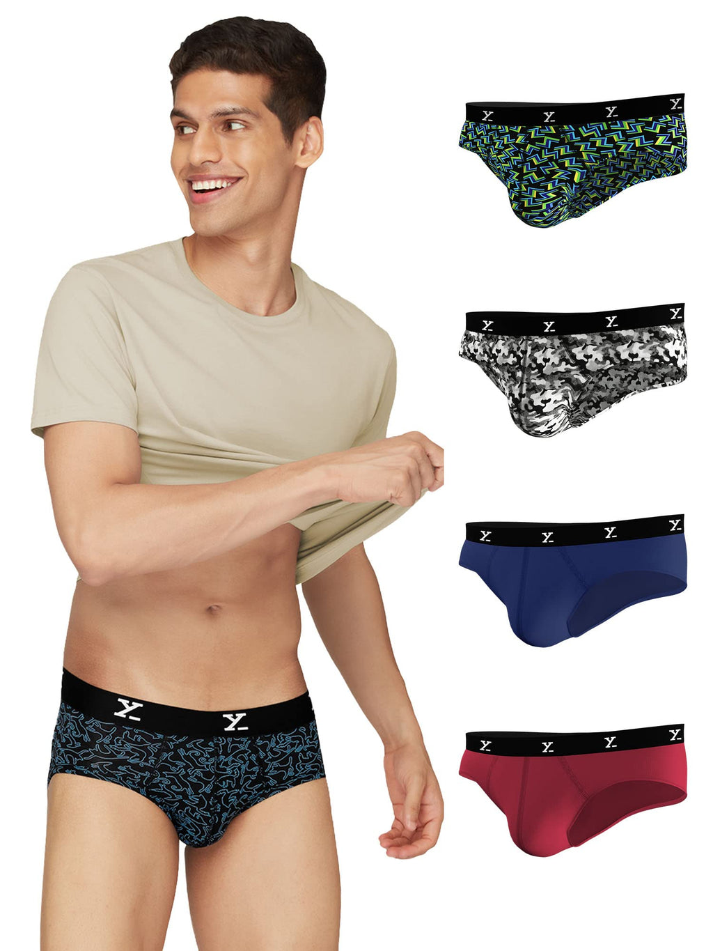 XYXX Mens Underwear Shuffle IntelliSoft Antimicrobial Micro Modal Brief Pack of 5 (Camo Monocrom;Lighting Bolt;Yoga Pet;Twiligh