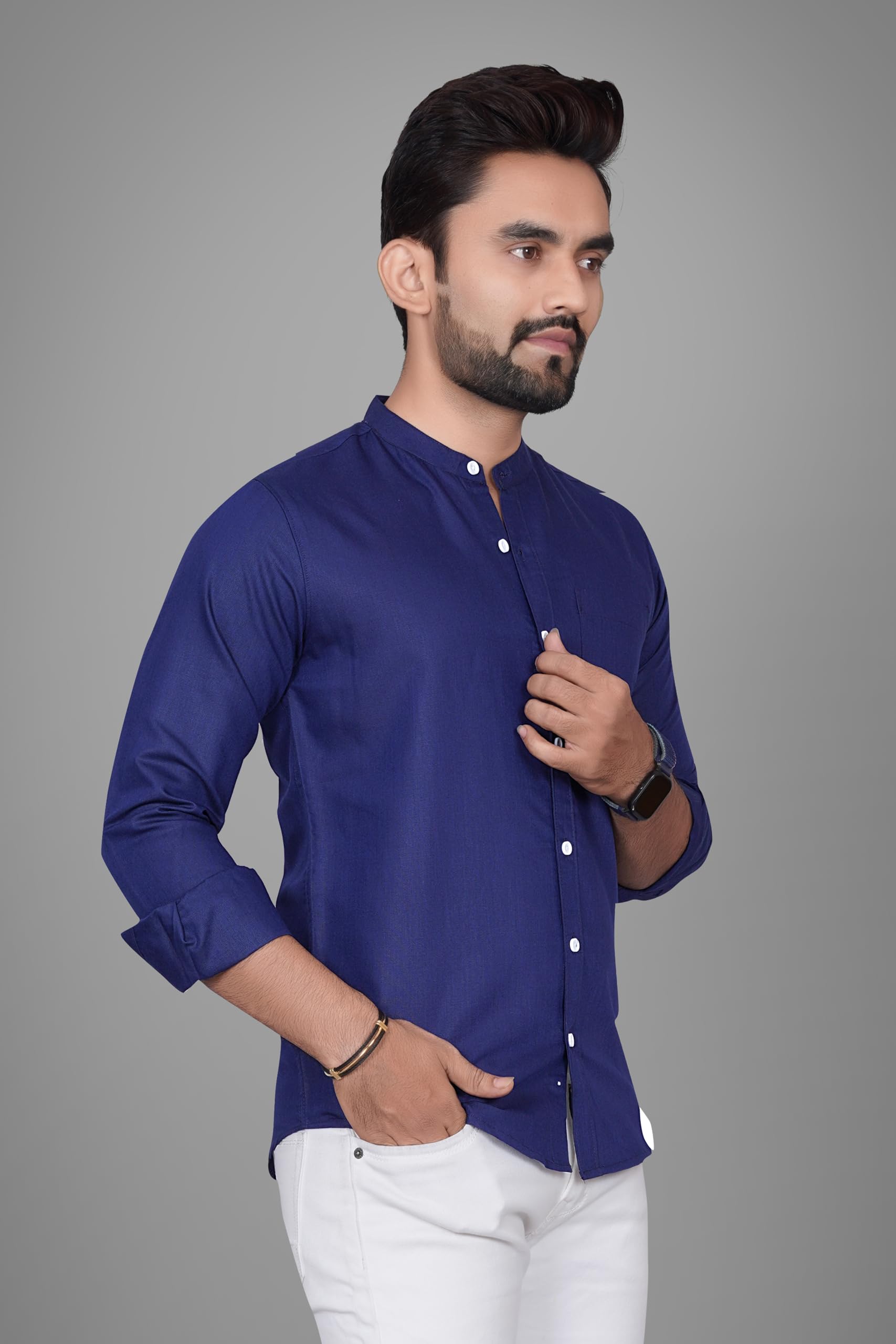 Besix MenS Regular Fit Solid Cotton Shirt | Chinese Collar | Casual | Plain | Branded | Mandarin Collar | Full Sleeve | Summer