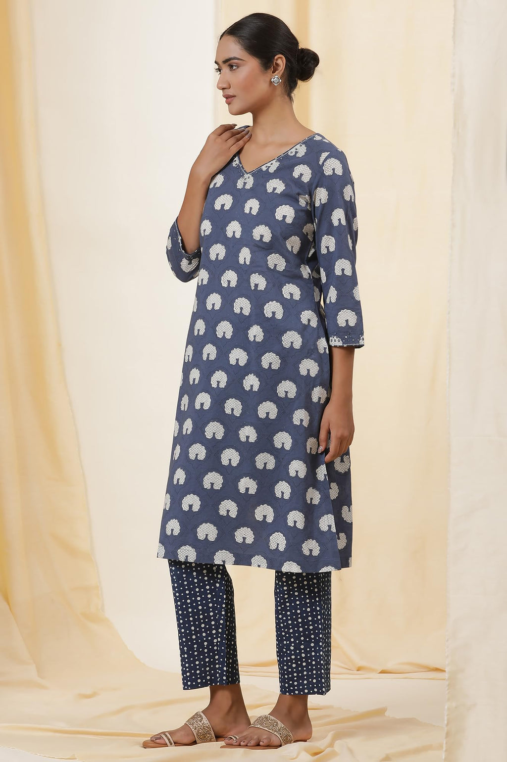 W For Woman Folksong Blue Printed Cotton Straight Kurta, Salwar Pant & Dupatta