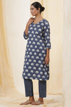 W For Woman Folksong Blue Printed Cotton Straight Kurta, Salwar Pant & Dupatta