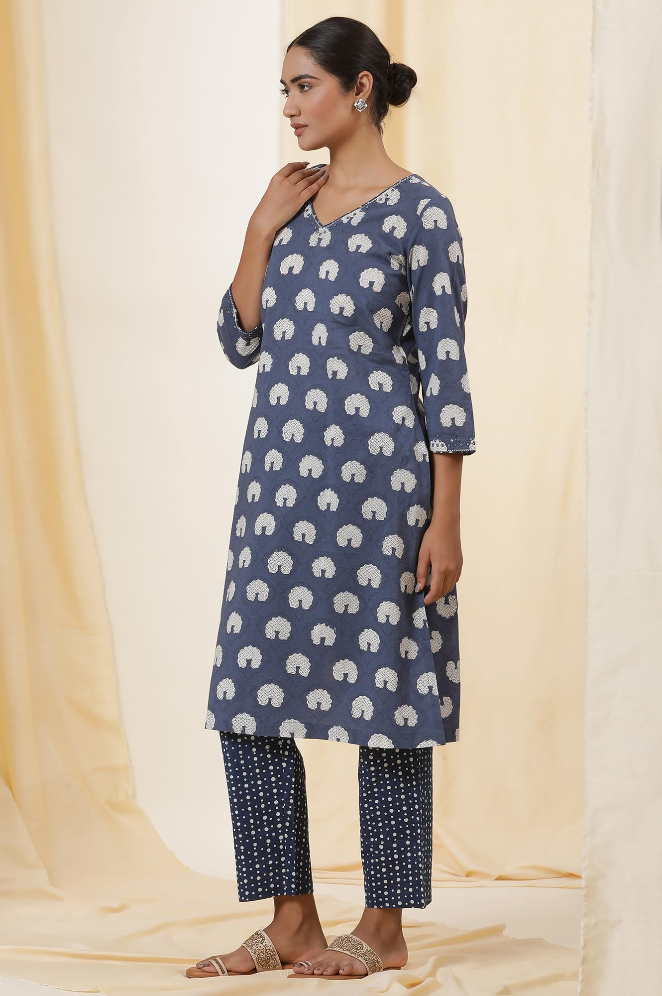 W For Woman Folksong Blue Printed Cotton Straight Kurta, Salwar Pant & Dupatta