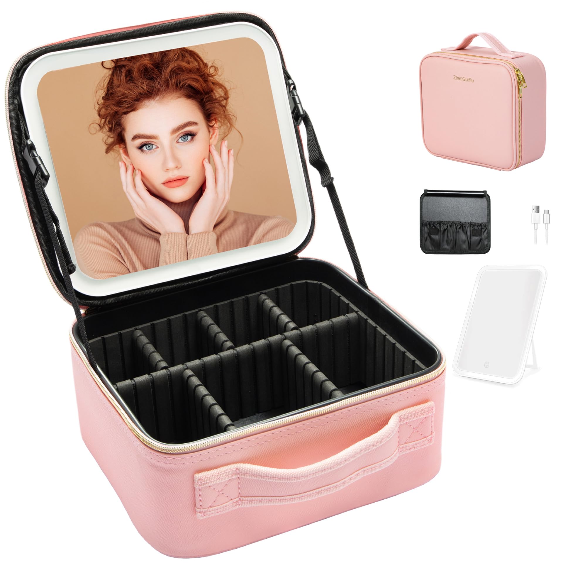 ZhenGuiRu Travel Makeup Bag with LED Lighted Mirror 3 Color Scenarios Adjustable Brightness, Waterproof Cosmetic Train Case Orga
