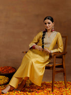 Libas Gerua Womens Yoke Design Silk Blend A-Line Kurta With Trousers