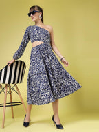 Oomph! WomenS Crepe A-Line Midi Dress (Waist Cutout One Shoulder_Berry Blue