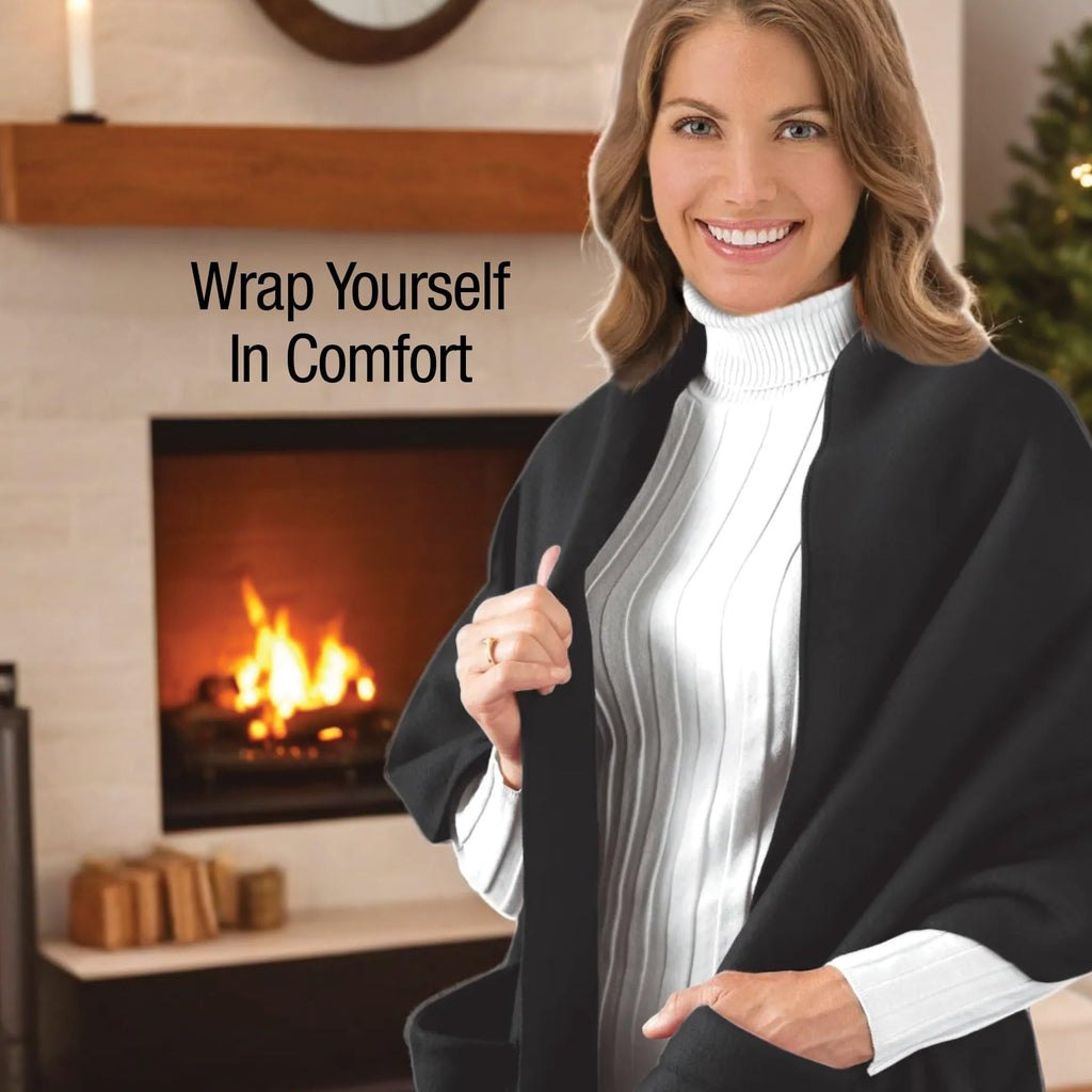 Collections Etc Cozy Fleece Wrap Shawl With Large Front Pockets - Keeps Hands and Shoulders Warm During Cold Winter Season, Burg