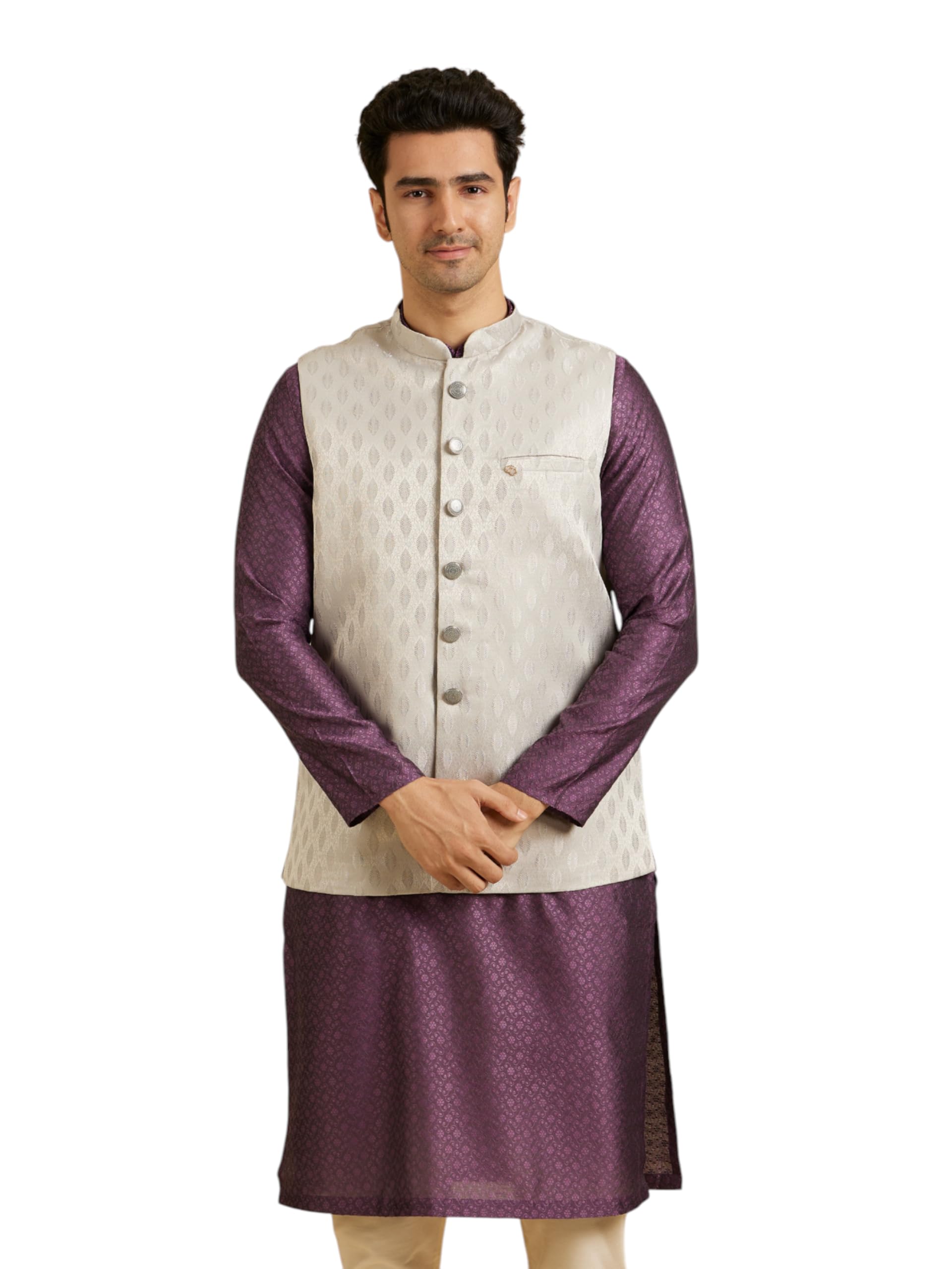 Manyavar Mens Brocade Leaf Design Jacquard Nehru Jacket (Grey,XL)