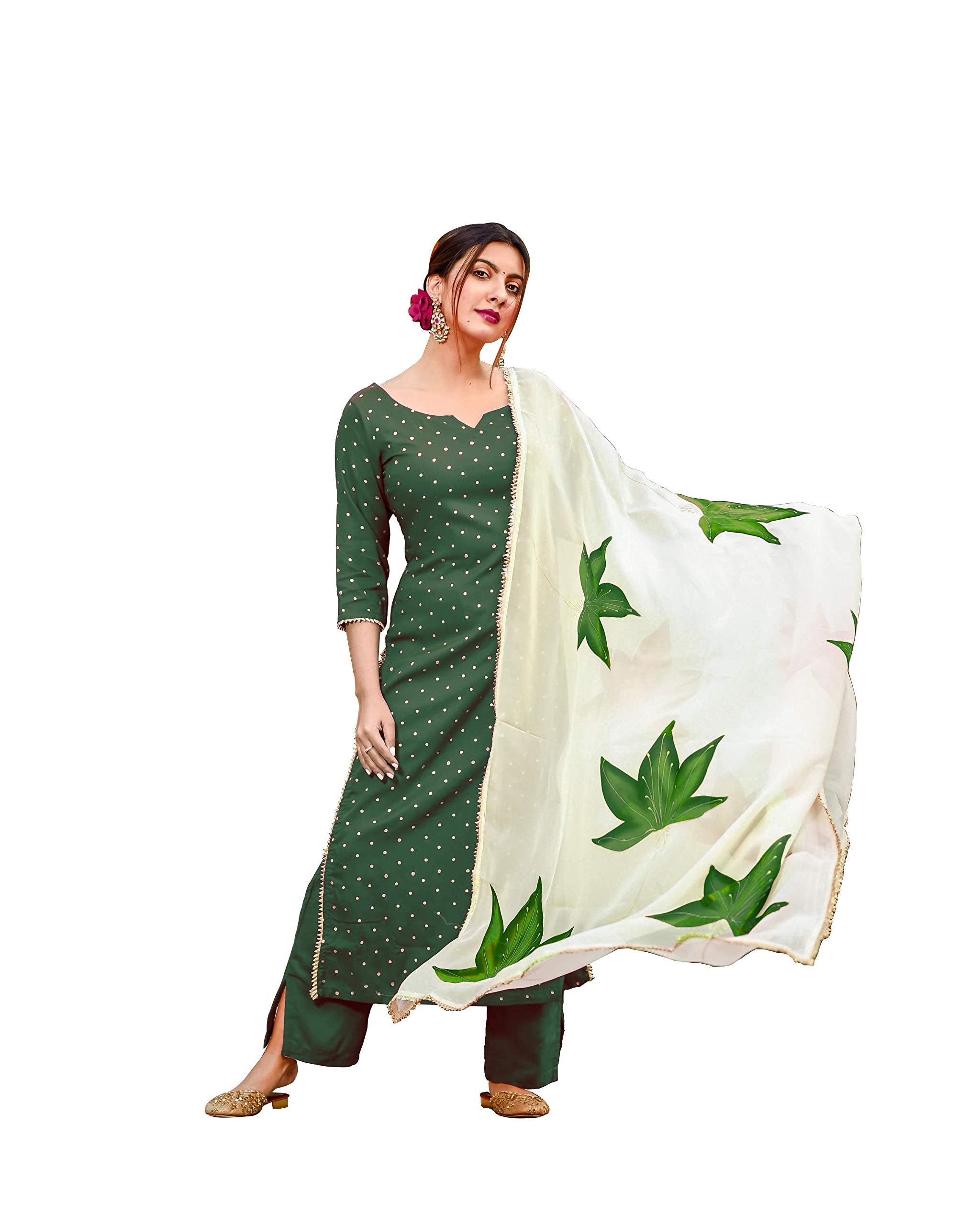 ANNI DESIGNER Women's Cotton Blend Straight Printed Kurta with Pant & Dupatta (Rayon Green & White_S_Green & White_Small)