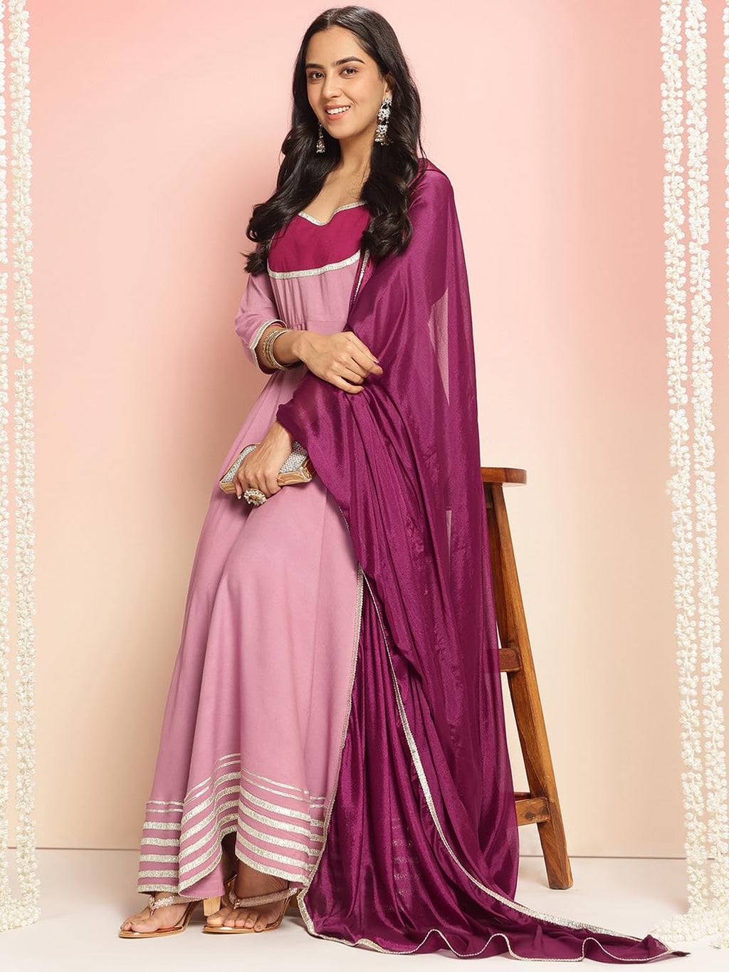 ANNI DESIGNER Anarkali Women s Plain Viscose Kurta with Trousers and Dupatta, lavender, 2XL