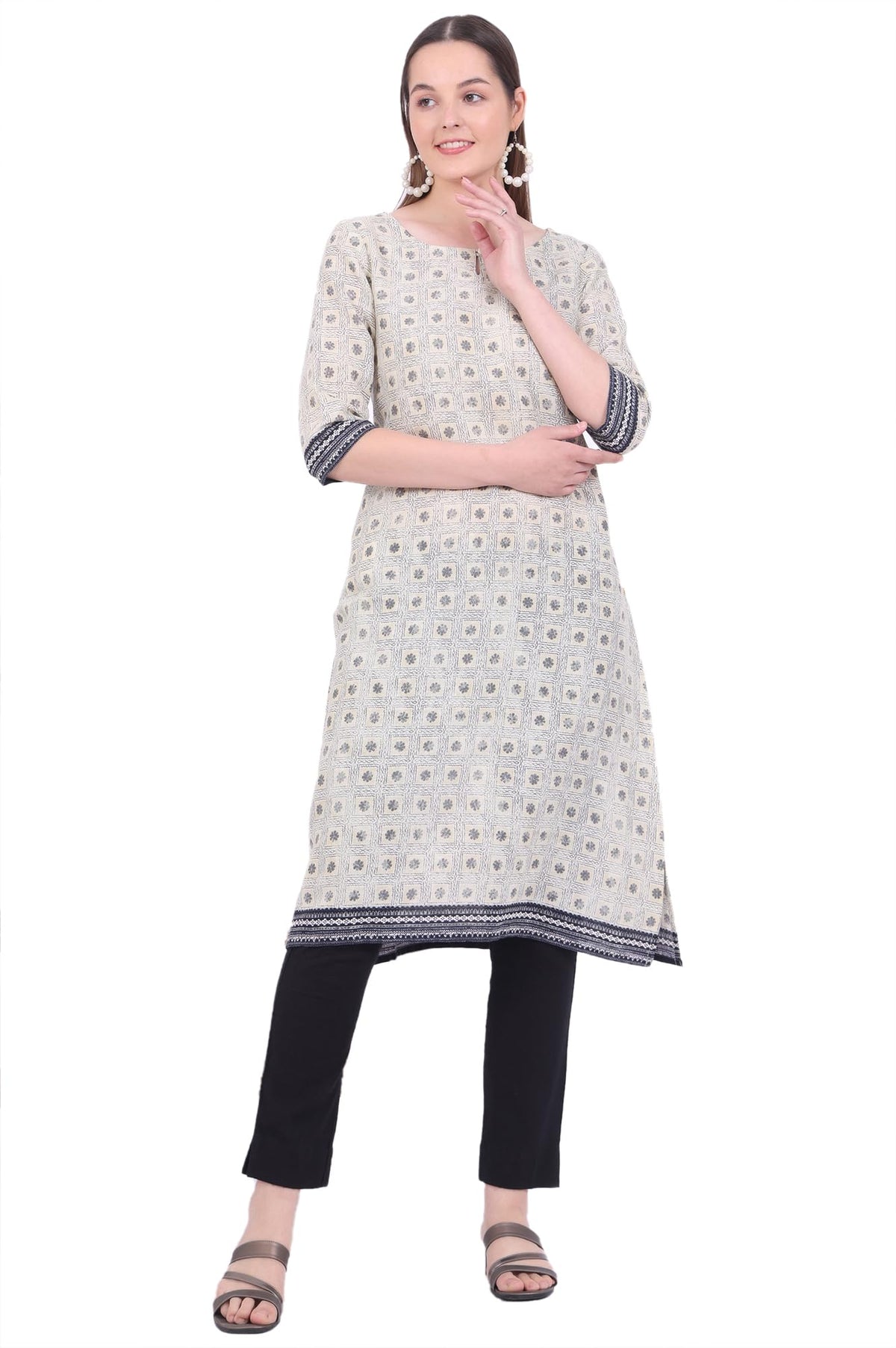 Aurelia WomenS Beige Printed Modal Straight Kurta (Size: M)-A15722-509255
