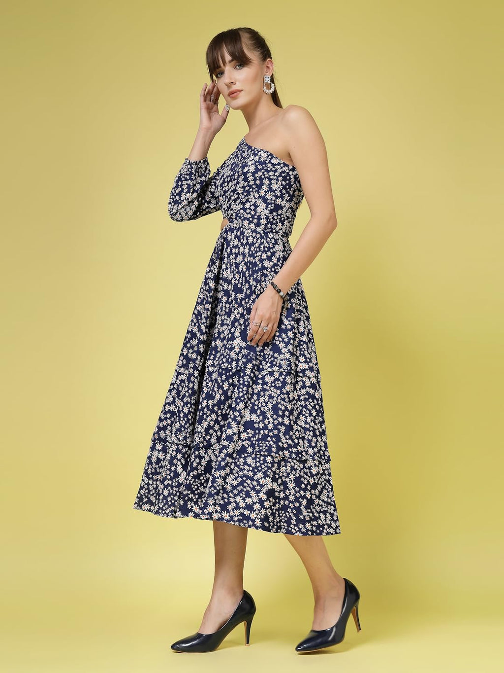 Oomph! WomenS Crepe A-Line Midi Dress (Waist Cutout One Shoulder_Berry Blue
