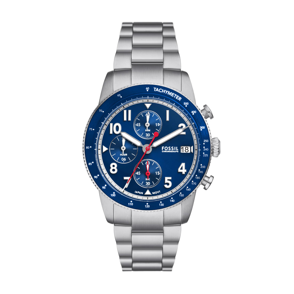Fossil Men's Sport Tourer Quartz Stainless Steel Chronograph Watch, Color: Silver/Blue (Model: FS6047)