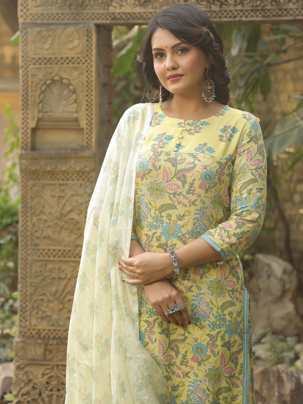 ANNI DESIGNER Ladies Rayon Blend Straight Print Kurta with Trousers and Dupatta, green, XL