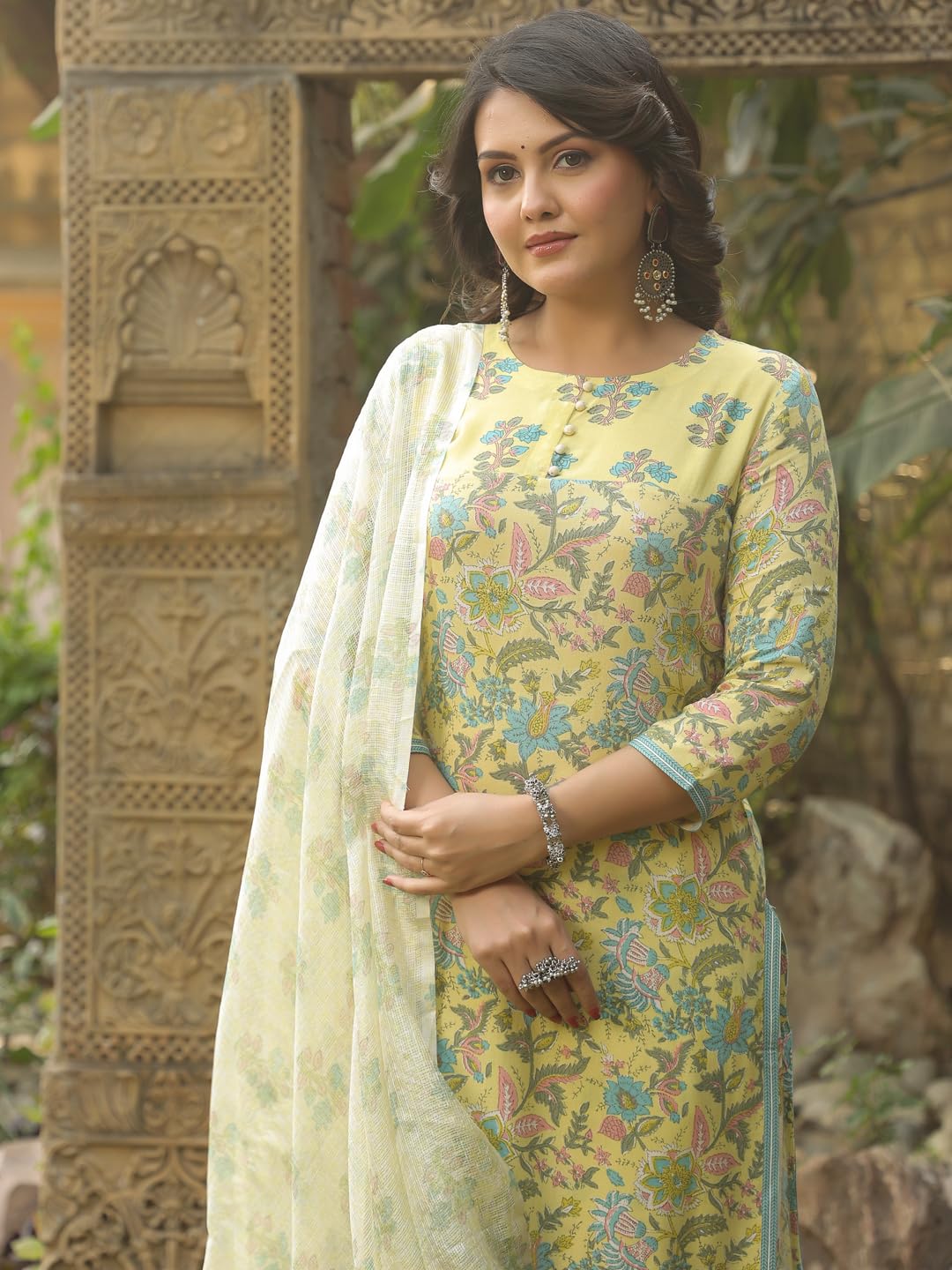 ANNI DESIGNER Ladies Rayon Blend Straight Print Kurta with Trousers and Dupatta, green, XL