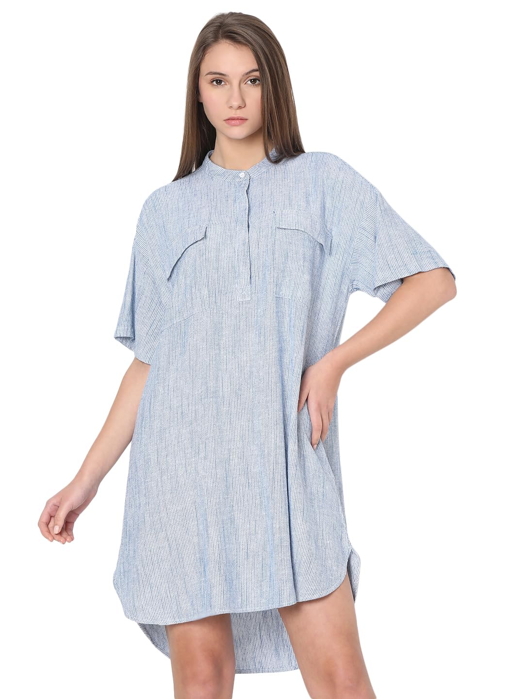 Vero Moda Women Striped Blue Viscose Above Knee Length Tunic Dress