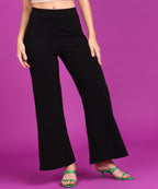 POPWINGS Casual High-Waist Flared Trousers for Women | High-Rise Flared Trousers for Formal Office Wear - Black
