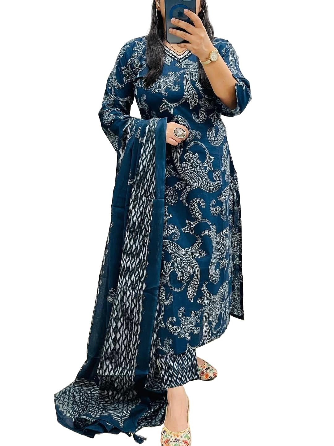 Meera Fab Women Floral Printed Panelled Sequinned Pure Cotton Anarkali VNeck Kurta With Trousers & Dupatta