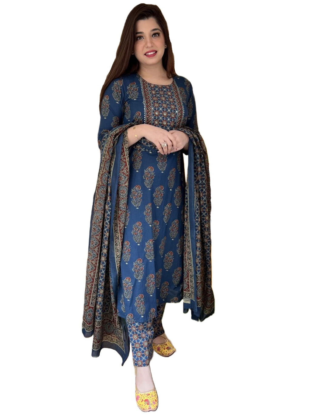 Gosriki Women'S Cotton Blend Straight Printed Kurta With Pant & Dupatta (Patni Blue_Xl-Gs_Blue_X-Large)