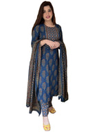 Gosriki Women'S Cotton Blend Straight Printed Kurta With Pant & Dupatta (Patni Blue_Xl-Gs_Blue_X-Large)