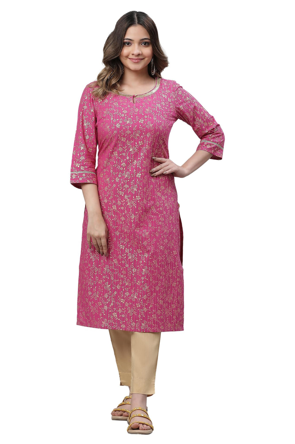 Aurelia Pink Foil Pattern Cotton Straight Long Kurta