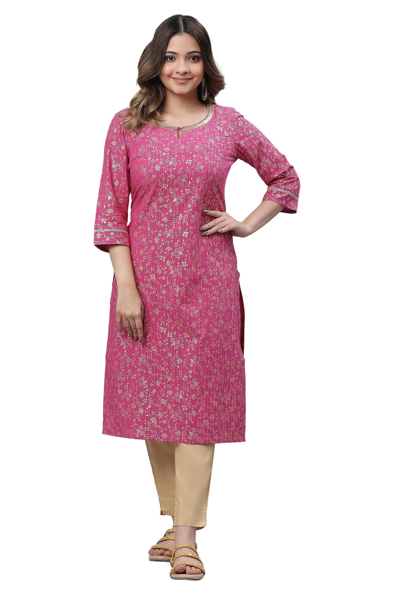 Aurelia Pink Foil Pattern Cotton Straight Long Kurta
