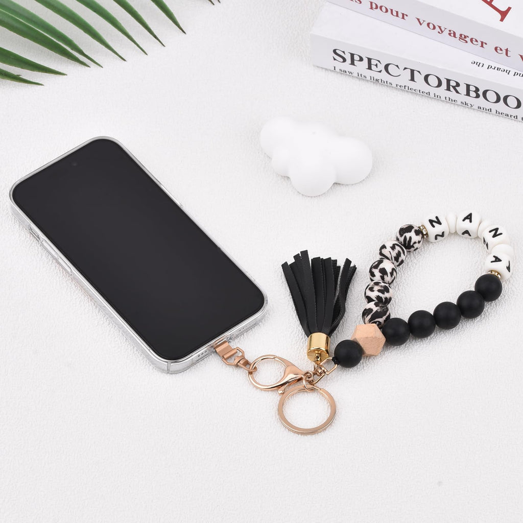 BAOSIWA Silicone Beaded Nana Key Chain Bracelet Wristlet Keyring Black Leopard Bangle Keychains Christmas Day Gifts for Women Gr