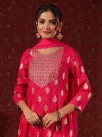 Ishin WomenS Magenta Foil Print Zari Work A-Line Kurta Suit Set With Trousers & Dupatta