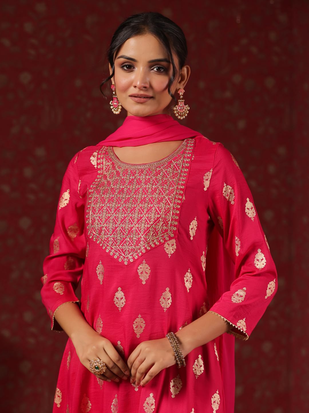 Ishin WomenS Magenta Foil Print Zari Work A-Line Kurta Suit Set With Trousers & Dupatta