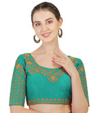 Pujia Mills Womens Phantom Silk Floral Half Sleeve Saree Blouse (Floral Blouse Variation_Rama_36 Size+Margin)