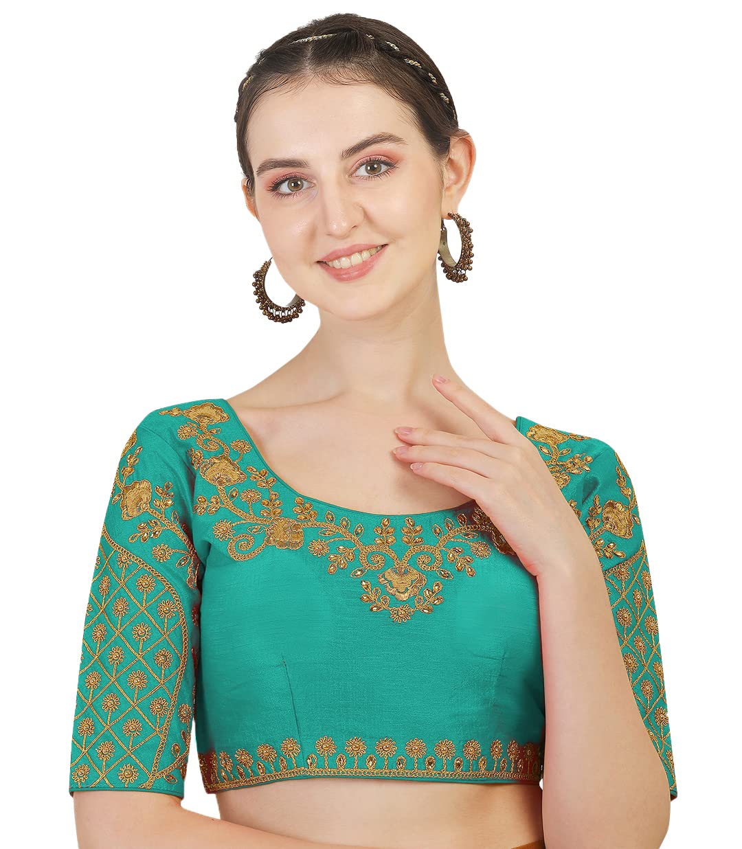 Pujia Mills Womens Phantom Silk Floral Half Sleeve Saree Blouse (Floral Blouse Variation_Rama_36 Size+Margin)